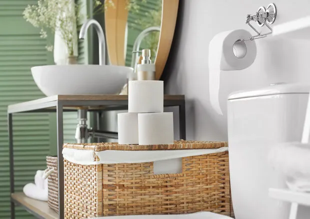 Clean restroom featuring a toilet bowl and rolls of toilet paper