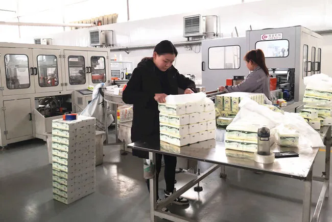 Step-by-step process of manufacturing facial tissue in a factory setting.