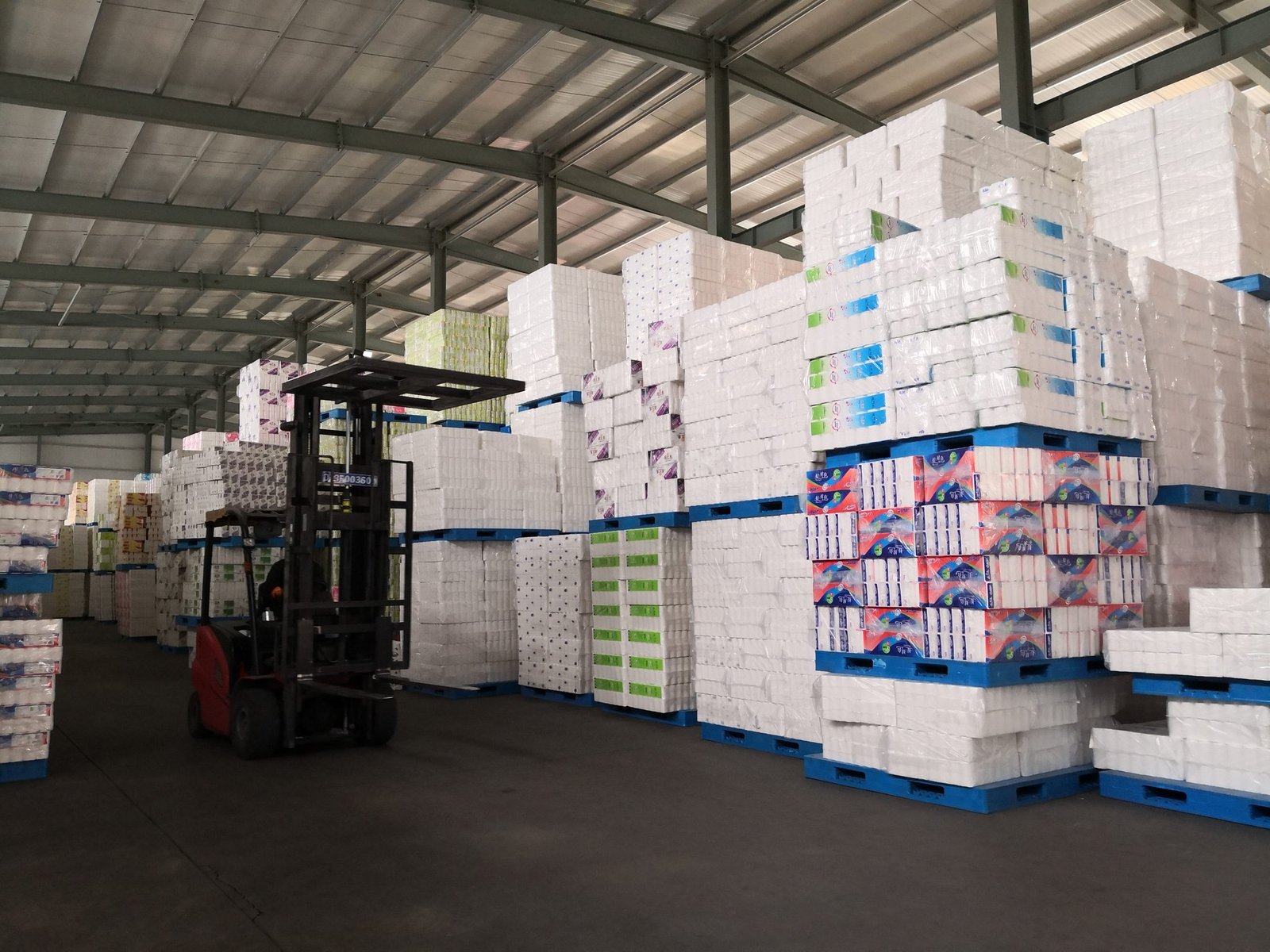 Palletised toilet paper cartons and a forklift in the finished-goods warehouse